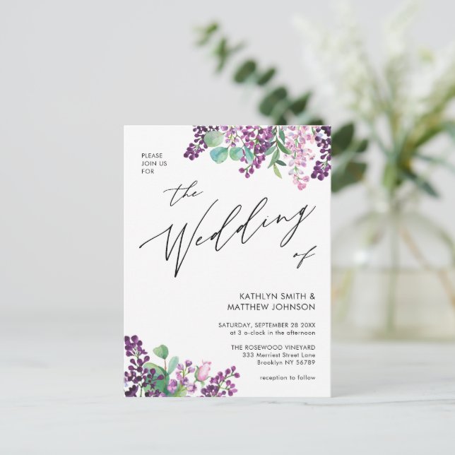 QR Code All In One Purple Lilac Floral Wedding Invitation Postcard (Standing Front)