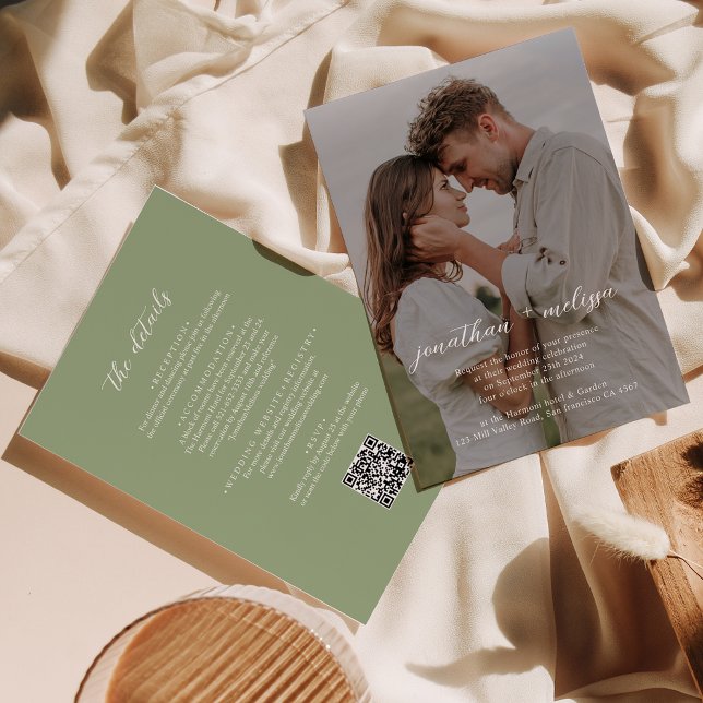 QR Code All in One Sage Green Photo Script Wedding Invitation (Creator Uploaded)