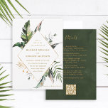 QR Code All In One Tropical Foliage Gold Wedding Invitation<br><div class="desc">This all-in-one wedding invitation features watercolor green tropical foliage,  palm tree leaf,  and banana leaf with the details and a QR code website link on the back.   It's perfect for a beach,  summer,  Hawaii or destination wedding. 
>>> Check out the entire collection >>> https://www.zazzle.com/collections/tropical_foliage_gold_collection-119316977990783186</div>