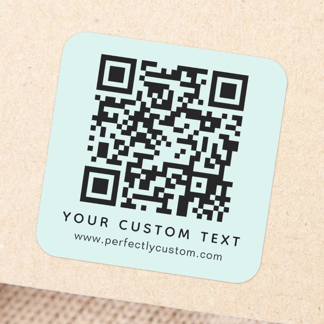 QR code and custom text light aqua blue Square Sticker (Creator Uploaded)
