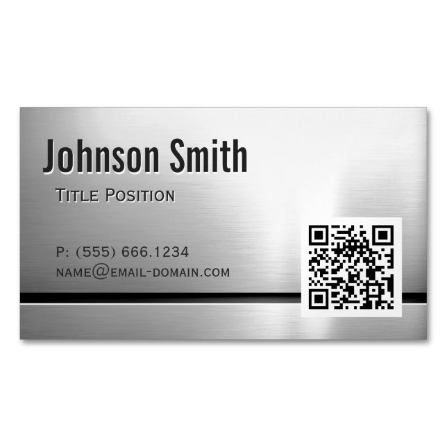 QR Code and Stainless Steel - Brushed Metal Look Magnetic Business Card (Front)