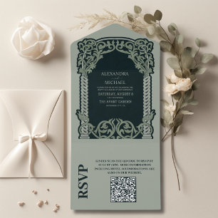 QR Code Antique  Art Nouveau Wedding All In One Invitation