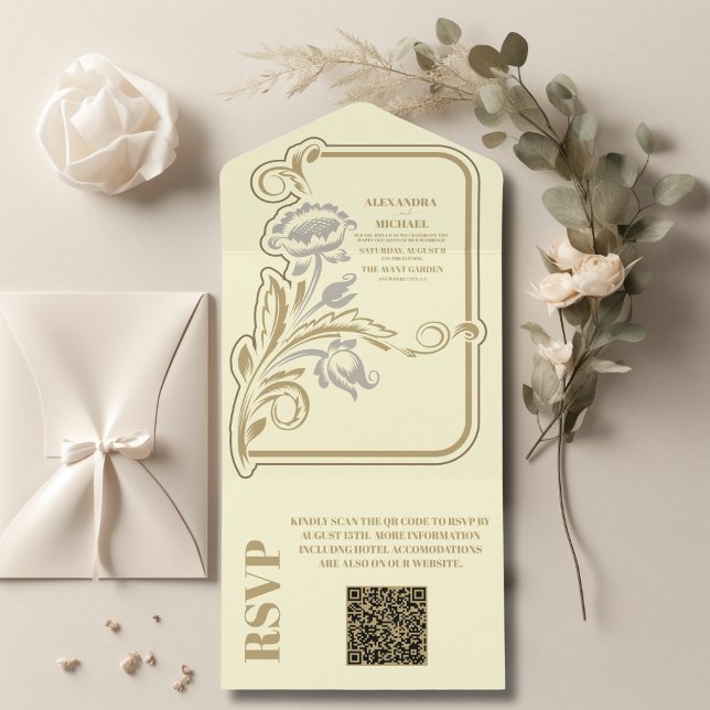QR Code Antique  Art Nouveau Wedding All In One Invitation (Creator Uploaded)