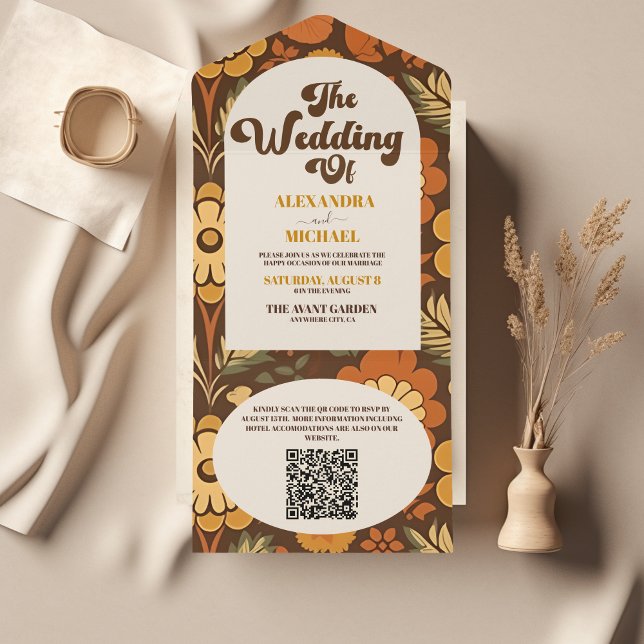 QR Code Arch Modern Retro 70s Floral Wedding All In One Invitation (Creator Uploaded)