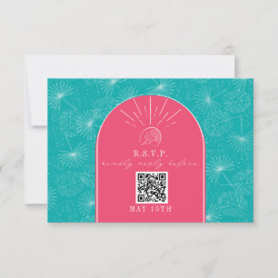 QR Code Arch Pink Blue Tropical Palm Wedding RSVP Card