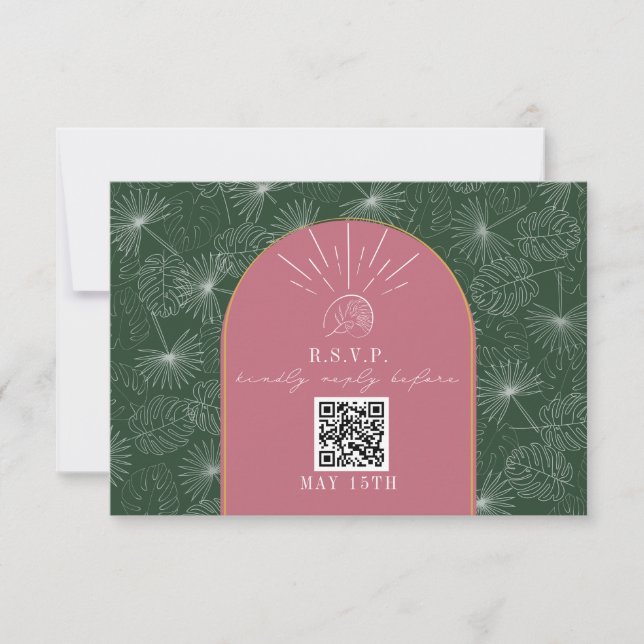 QR Code Arch Pink Green Tropical Palm Wedding RSVP (Front)