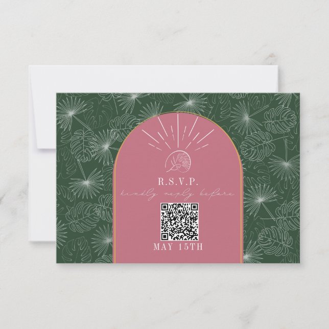 QR Code Arch Pink Green Tropical Palm Wedding RSVP Card (Front)