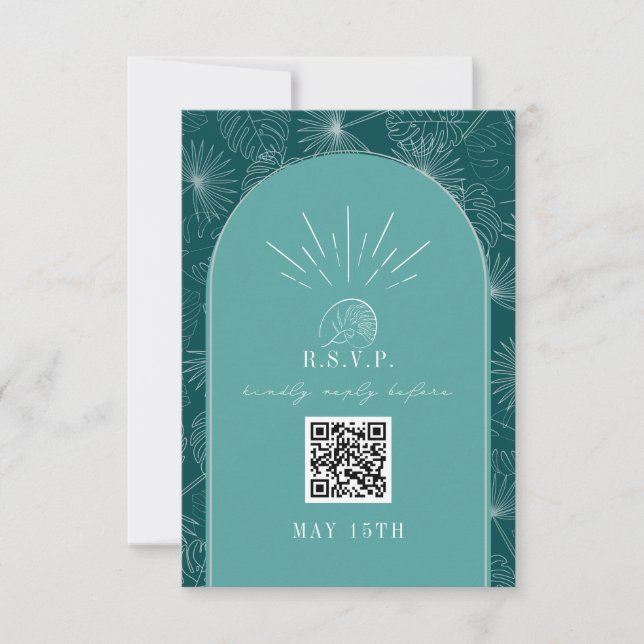 QR Code Arch Tropical Palm Teal Wedding RSVP Card (Front)