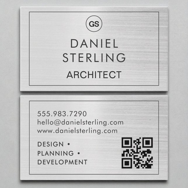 QR Code Architect Brushed Silver Monogram  Business Card (Creator Uploaded)