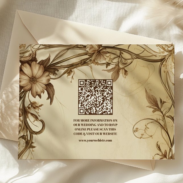  QR Code Art Nouveau Gold Botanical Wedding Enclosure Card (Creator Uploaded)