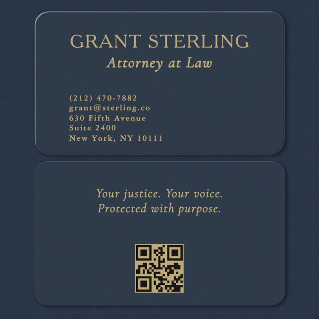 QR Code Attorney at Law Navy Blue Gold  Business Card (Creator Uploaded)