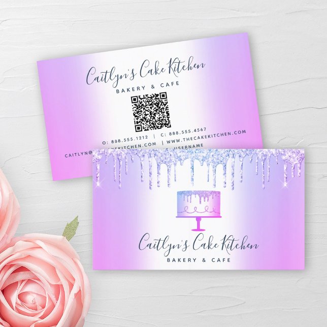 QR Code Bakery Cake Purple Glitter Drips Dessert Business Card (Creator Uploaded)