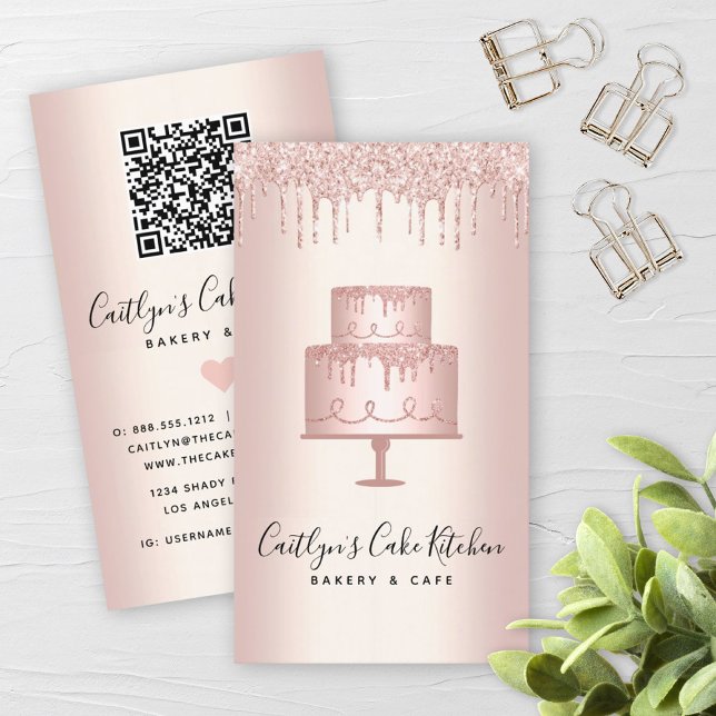 QR Code Bakery Cake Rose Gold Glitter Drip Dessert Business Card (Creator Uploaded)