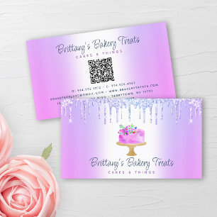 QR Code Bakery Purple Cake Glitter Drips Dessert Business Card