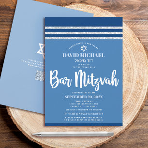 QR Code Bar Mitzvah Blue Silver Tallit Bold Script Invitation