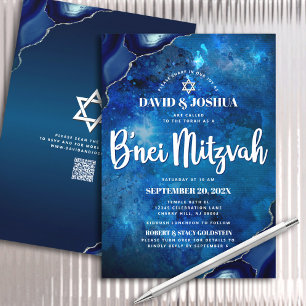 QR Code Bar Mitzvah Navy Blue Agate Galaxy Script Invitation