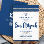 QR Code Bar Mitzvah Navy Blue Silver Tallit Script Invitation<br><div class="desc">Be proud, rejoice and showcase this milestone of your favourite Bar Mitzvah! Send out this cool, unique, modern, personalised QR code invitation for an event to remember. Bold, navy blue script typography, Star of David and a navy blue and silver glitter striped tallit inspired graphic overlay a simple, white background....</div>