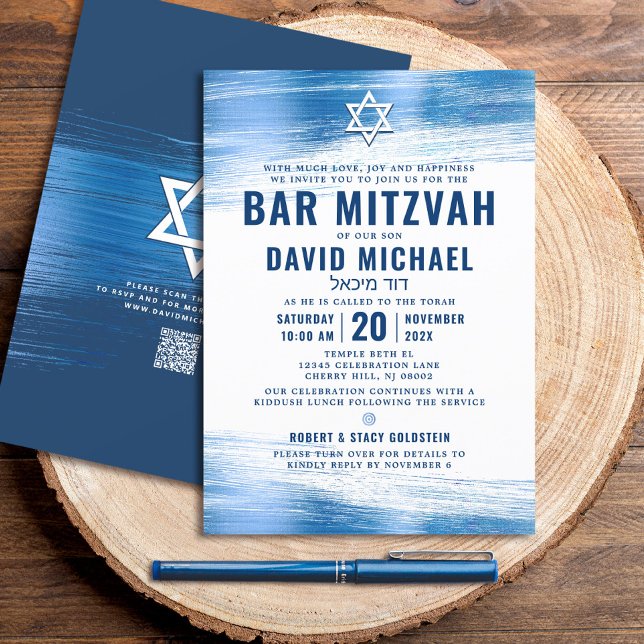 QR Code Bar Mitzvah Navy Bold Typography Blue Foil Invitation (Creator Uploaded)