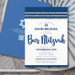 QR Code Bar Mitzvah Navy Silver Tallit Bold Script Invitation<br><div class="desc">Be proud, rejoice and showcase this milestone of your favourite Bar Mitzvah! Send out this cool, unique, modern, personalised QR code invitation for an event to remember. Bold, navy blue script typography, Star of David and a navy blue and silver glitter striped tallit inspired graphic overlay a simple, white background....</div>