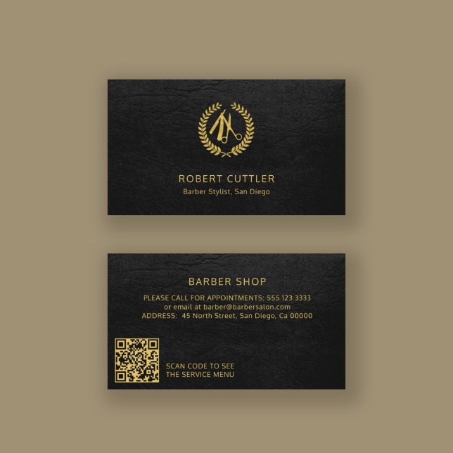 QR CODE barbershop LOGO elegant black gold Business Card (Creator Uploaded)