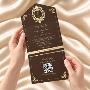 QR Code Baroque Gold Chocolate Brown Wedding All In One Invitation
