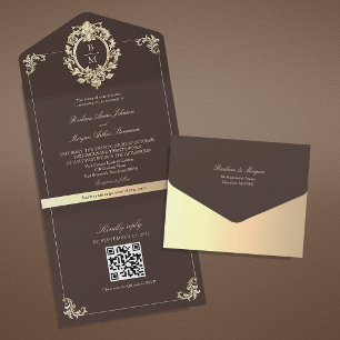 QR Code Baroque Gold Chocolate Brown Wedding All In One Invitation