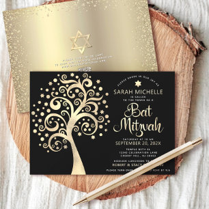 QR Code Bat Mitzvah Black Gold Tree of Life Script Invitation