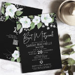 QR Code Bat Mitzvah Black Silver Floral Script Invitation<br><div class="desc">Be proud, rejoice and showcase this milestone of your favourite Bat Mitzvah! Send out this sophisticated, modern, personalised QR code invitation for an event to remember. A chic, stunning, white and faux silver glitter floral watercolor with faux silver foil script typography and white sans serif type overlay a dramatic black...</div>