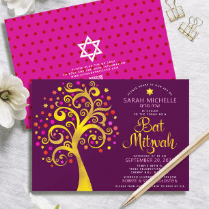 QR Code Bat Mitzvah Burgundy Gold Tree of Life Invitation
