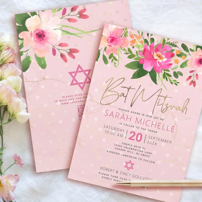 QR Code Bat Mitzvah Pink Floral Gold Foil Script Invitation (Creator Uploaded)