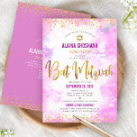 QR Code Bat Mitzvah Pink Watercolor Gold Script Invitation<br><div class="desc">Be proud, rejoice and showcase this milestone of your favourite Bat Mitzvah! Send out this stunning, modern, personalised QR code invitation for an event to remember. Sparkly faux gold foil script, glitter dots, Star of David and handwritten script typography overlay a soft pink watercolor background. On the back, additional gold...</div>