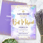 QR Code Bat Mitzvah Purple Gold Glitter Watercolor Invitation<br><div class="desc">Be proud, rejoice and showcase this milestone of your favourite Bat Mitzvah! Send out this stunning, modern, personalised QR code invitation for an event to remember. Sparkly faux gold foil script, glitter dots, Star of David and handwritten script typography overlay a light purple watercolor background. On the back, additional gold...</div>