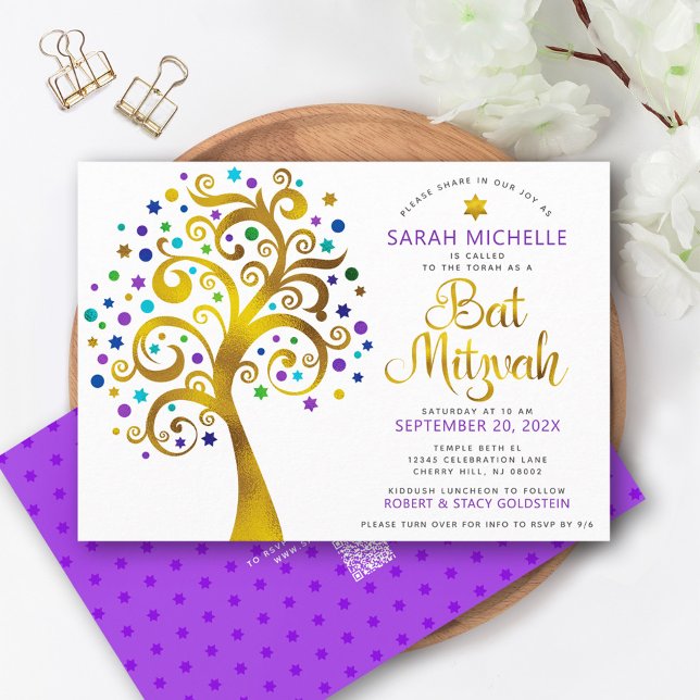 QR Code Bat Mitzvah Purple Gold Tree of Life Bold Invitation (Creator Uploaded)