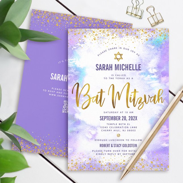 QR Code Bat Mitzvah Purple Watercolor Gold Glitter Invitation (Creator Uploaded)