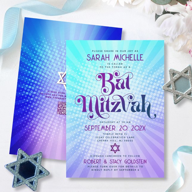 QR Code Bat Mitzvah Retro Blue Purple Gradient Fun Invitation (Creator Uploaded)