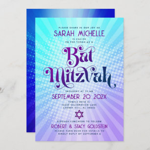 QR Code Bat Mitzvah Retro Blue Purple Gradient Fun Invitation