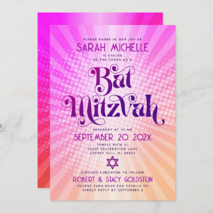 QR Code Bat Mitzvah Retro Pink Orange Gradient Fun Invitation