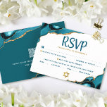 QR Code Bat Mitzvah Turquoise Agate Bold RSVP Card<br><div class="desc">Be proud, rejoice and celebrate this milestone of your favourite Bat Mitzvah with this cool, unique, modern, personalised RSVP insert card for your event! Dark teal script typography overlays a simple, clean white background with turquoise blue agate rocks accented with faux gold veins. On the back, your personal qr code...</div>