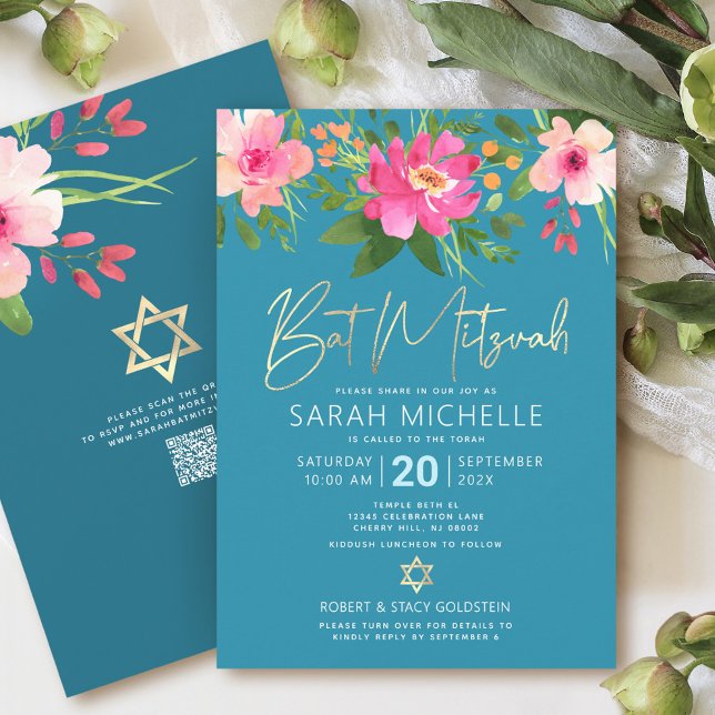 QR Code Bat Mitzvah Turquoise Floral Gold Script Invitation (Creator Uploaded)