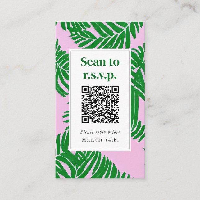 QR Code Beach Wedding RSVP Pink Green Palm Tree Enclosure Card (Front)