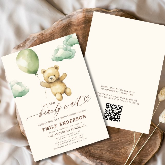 QR Code Bearly Wait Green Baby Shower Invitation (Creator Uploaded)