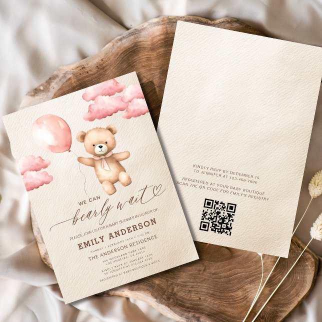QR Code Bearly Wait Pink Girl Baby Shower Invitation (Creator Uploaded)