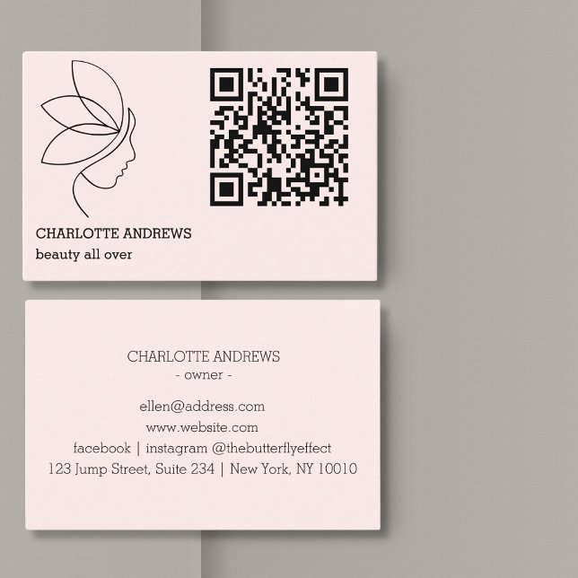 QR code, beauty, logo, line Art Pink Business Card (QR code, beauty, logo, line Art Pink Business Card)