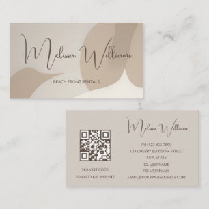 QR Code Beige Abstract Art Initials Business Card