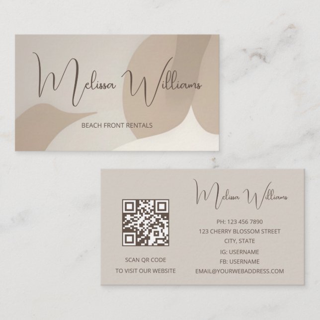 QR Code | Beige Abstract Art Initials Business Card (Front/Back)