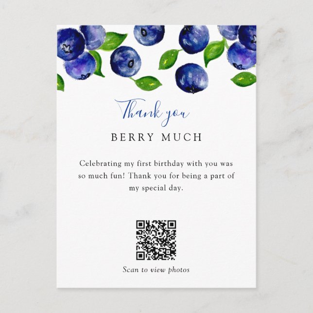 QR Code Berry First Birthday Blueberry Thank you Postcard (Front)