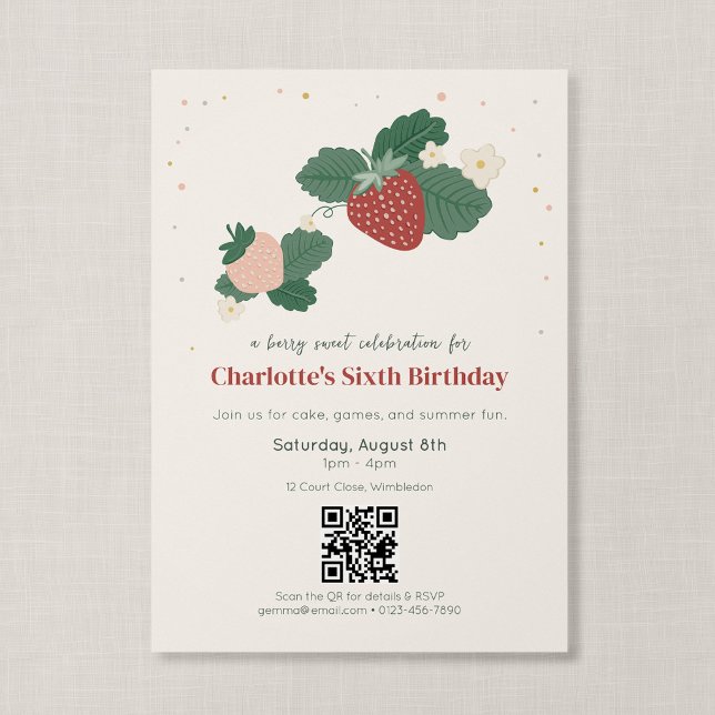 QR Code Berry Sweet Strawberry Birthday Invitation (Strawberry Garden - QR Code Birthday Invitation, Front)
