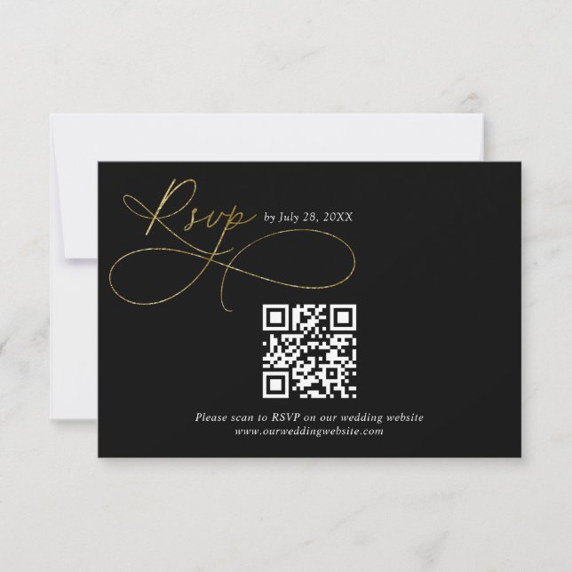 QR Code Black and Gold Script Calligraphy Wedding RSVP Card (Front)