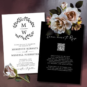 QR Code Black and White Monogram Wreath Wedding Invitation