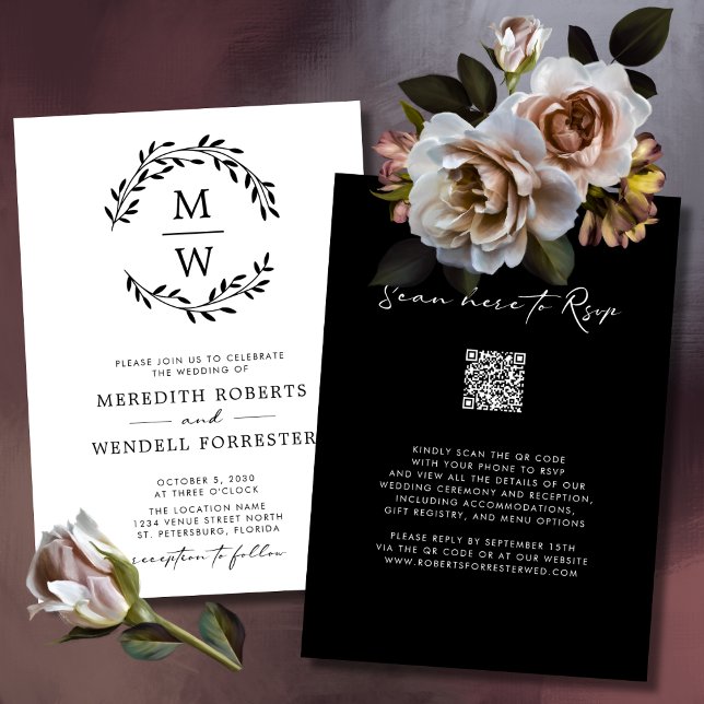 QR Code Black and White Monogram Wreath Wedding Invitation (QR Code Black and White Monogram Wreath Wedding Invitation)